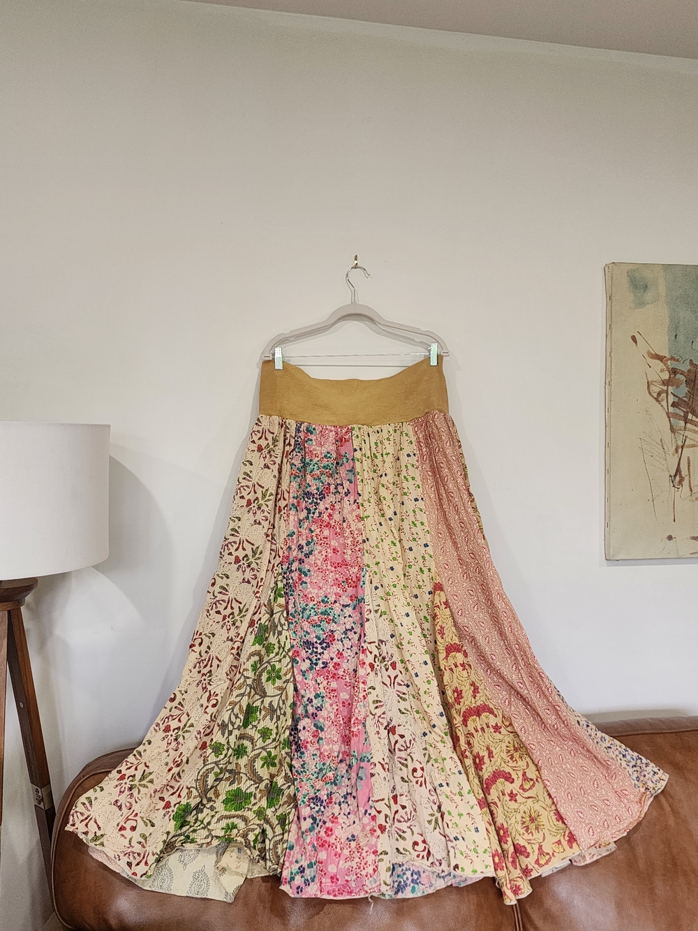 Bohemian Floral Patchwork Maxi Skirt in Mustard Waist